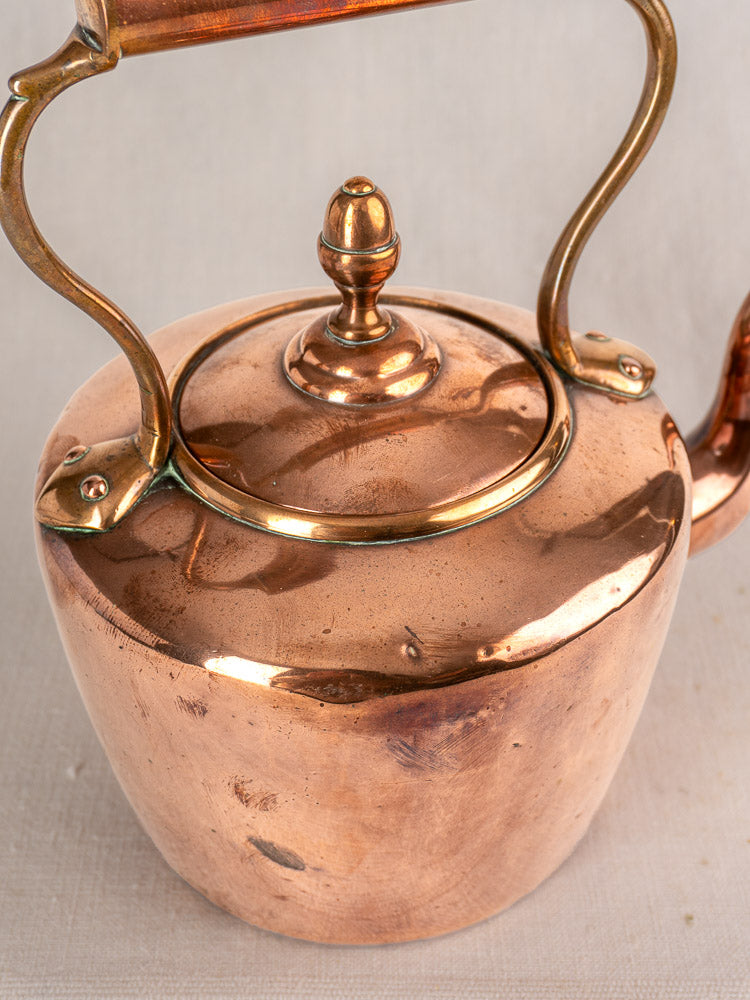 Antique French copper tea kettle with wood handle, gooseneck spout, brass finial, on light fabric background.