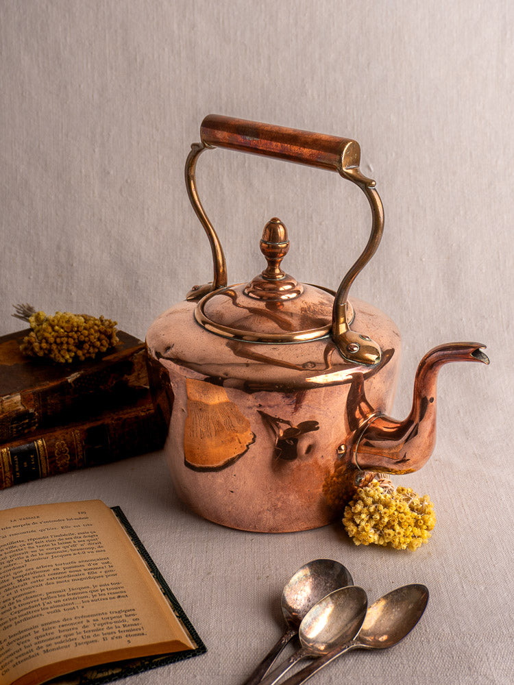 Antique French copper tea kettle with wood handle, displayed with vintage books, spoons, and dried yellow flowers.