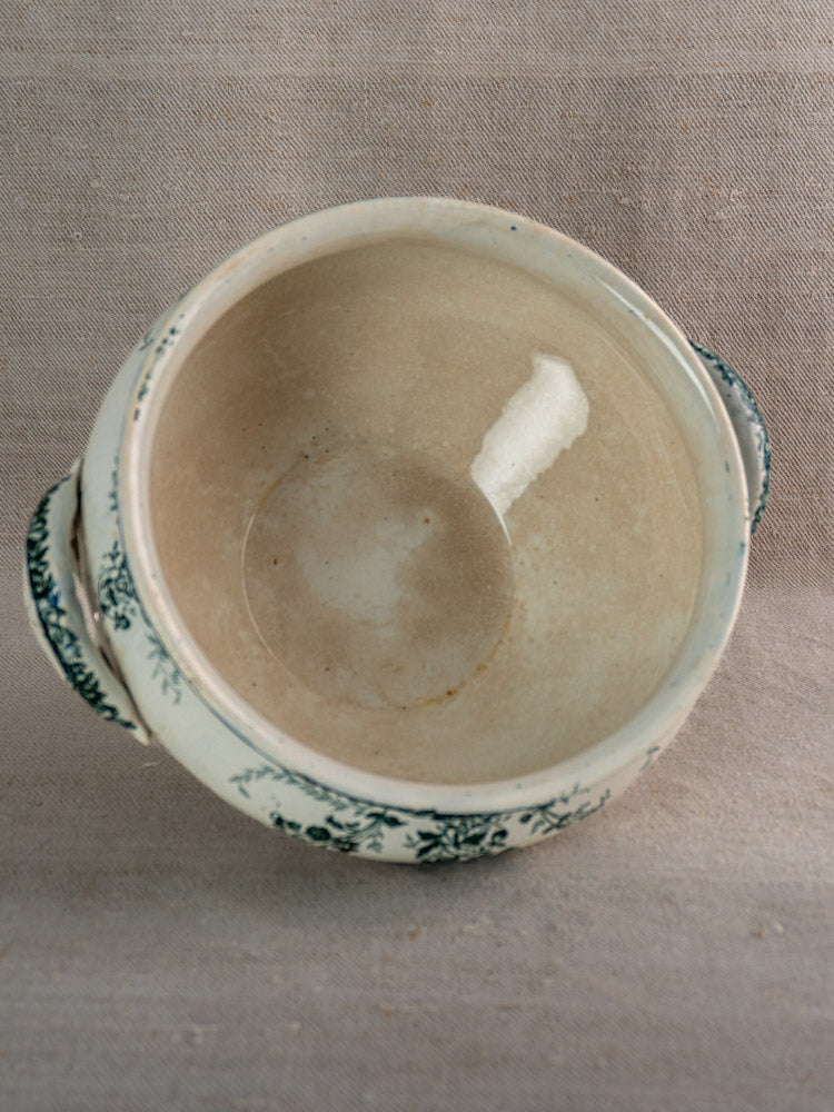 Antique French Saint-Amand tureen, c. 1900, blue “Fruits” motif on white faience, slight interior wear.