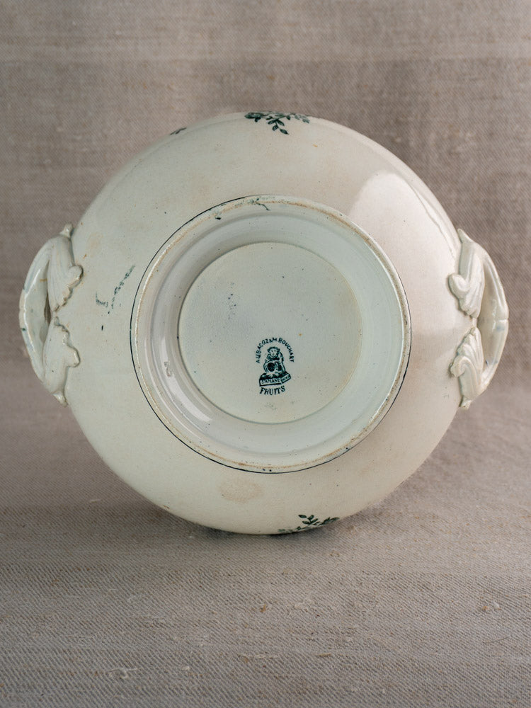 Antique French Saint-Amand Fruits Pattern faience soupière upside down, maker’s mark visible, aged ceramic handles.