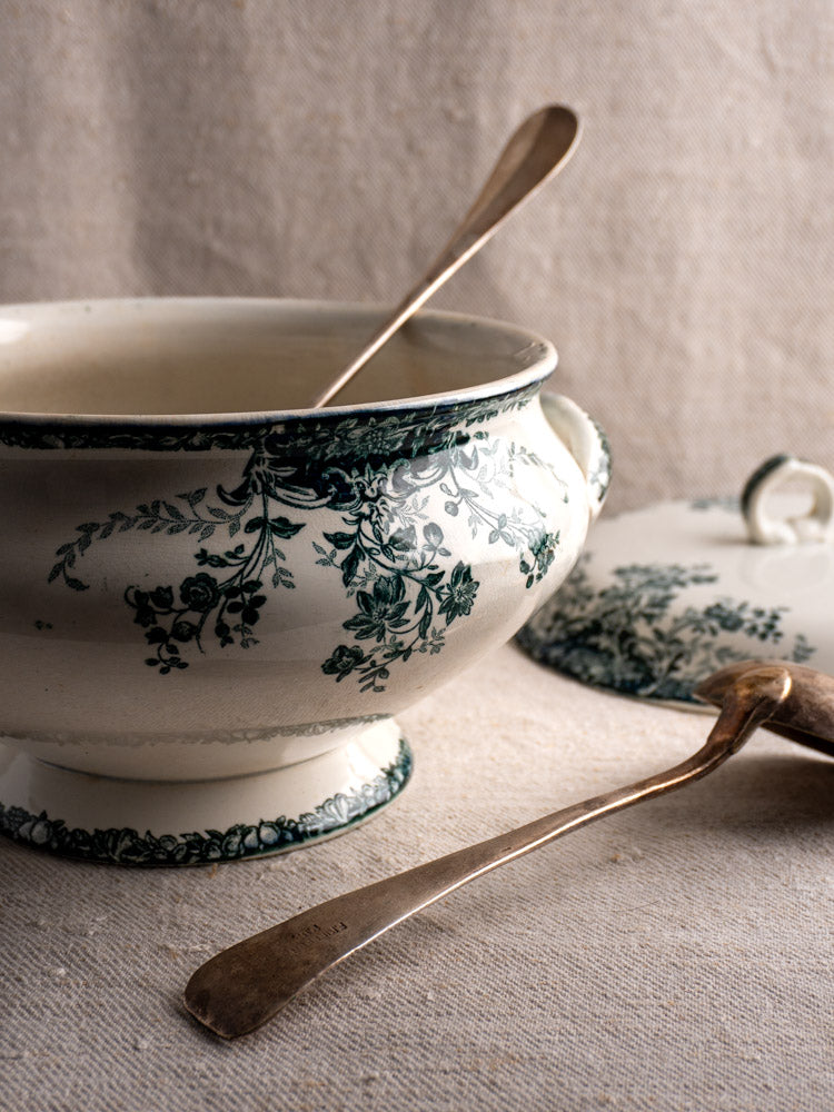Antique French Saint-Amand faience soupière with ladle and lid, fruits pattern, timeworn patina.