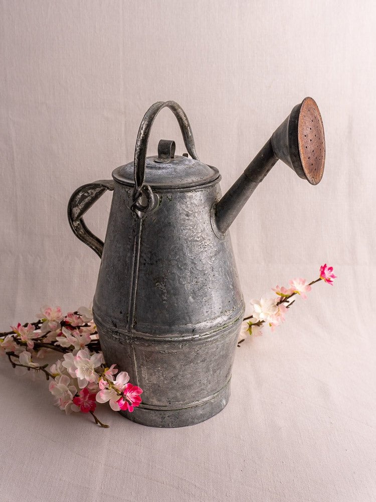 Antique French zinc watering can with milk can silhouette, displayed on light fabric amid cherry blossom branches.