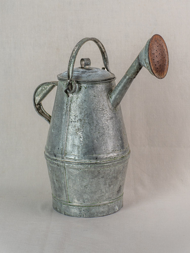 Early 20th century French zinc watering can with milk can shape, curved handle, hinged lid, and long spout on pale background.