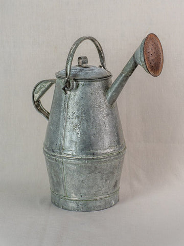 Early 20th century French zinc watering can with milk can shape, curved handle, hinged lid, and long spout on pale background.