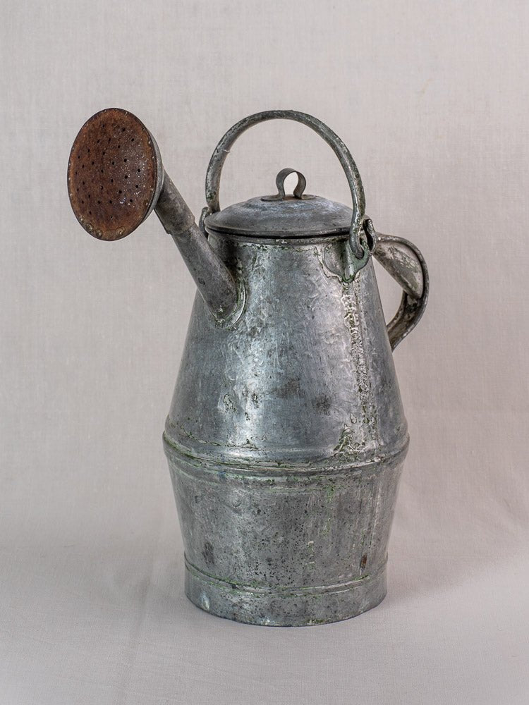 Antique French zinc watering can, early 20th century, milk can shape, round handle, long spout with rose, neutral backdrop.