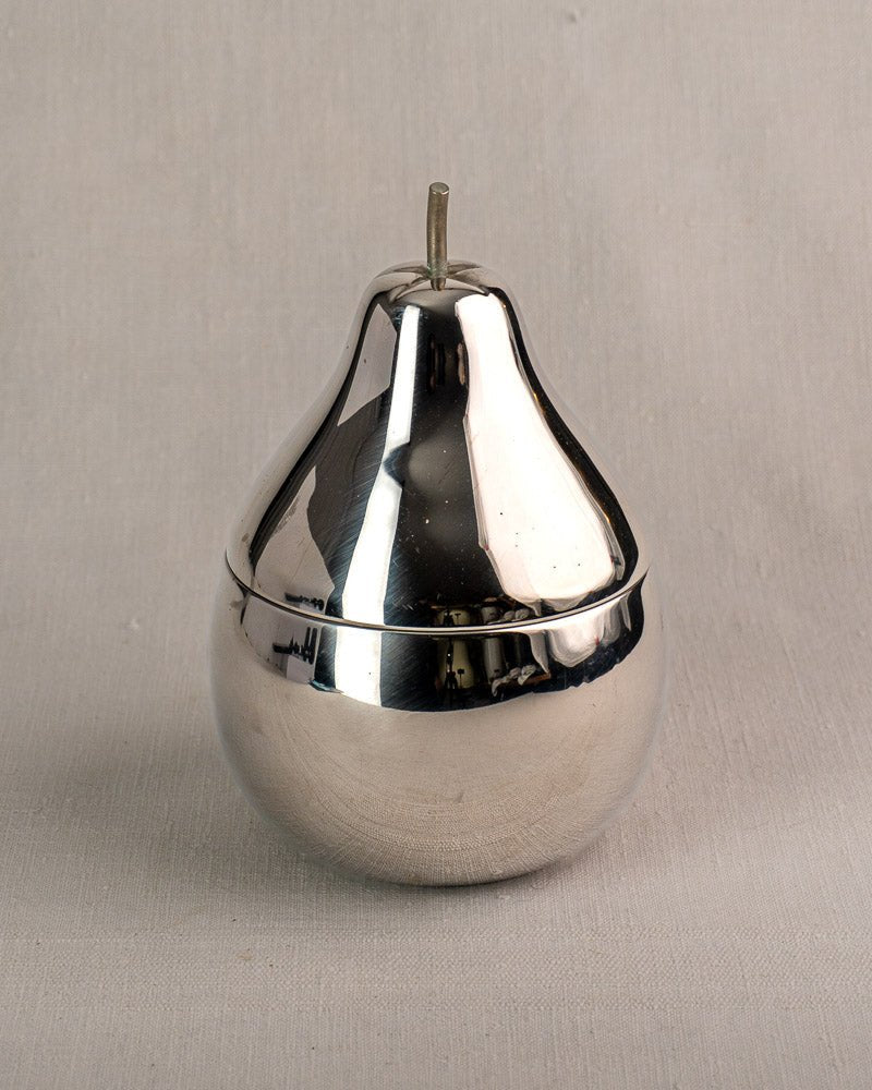 Vintage French mid-century stainless steel pear ice bucket with lid and stem on gray surface.