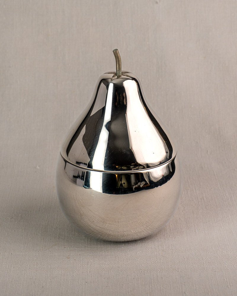 Vintage French pear-shaped stainless steel ice bucket with lid and stem, mid-century barware.