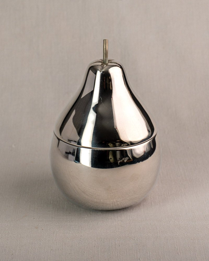 Mid-century French stainless steel pear-shaped ice bucket with lid and stem handle on gray fabric.