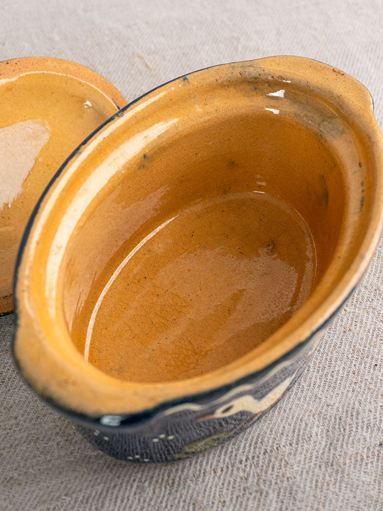 Antique French Soufflenheim cobalt blue terrine with duck motif and lid, mid-century display or serving dish.