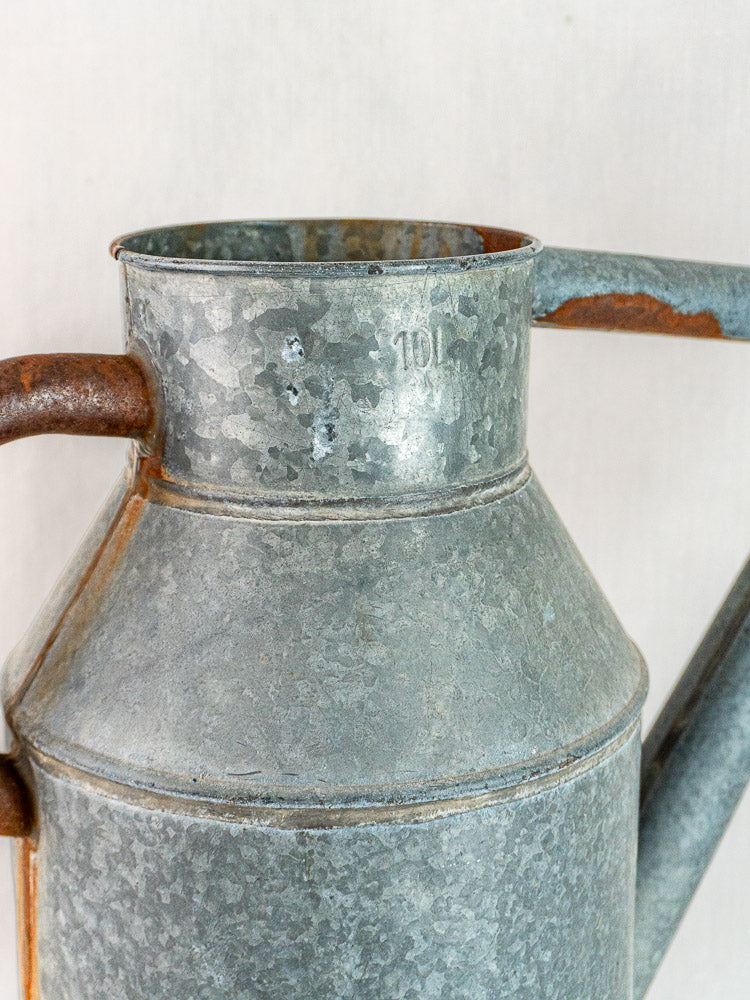 French galvanized zinc vintage watering can with weathered finish, rust accents, and “10L” mark.