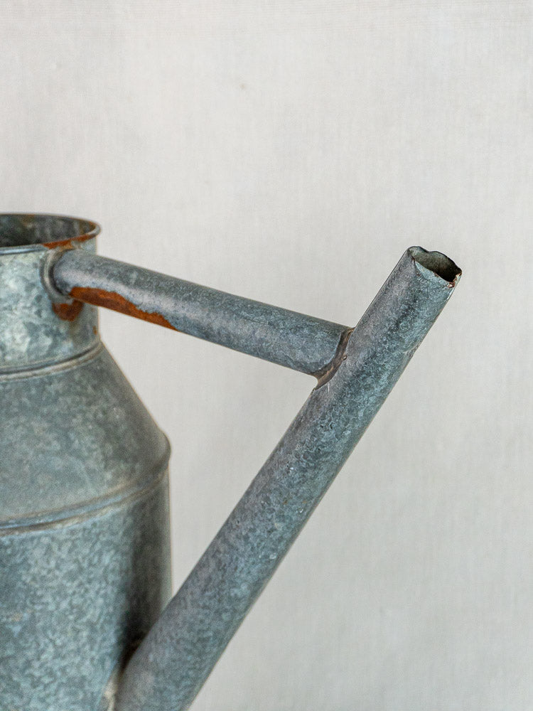 French galvanized zinc watering can with weathered finish and rusty angled spout on light background.