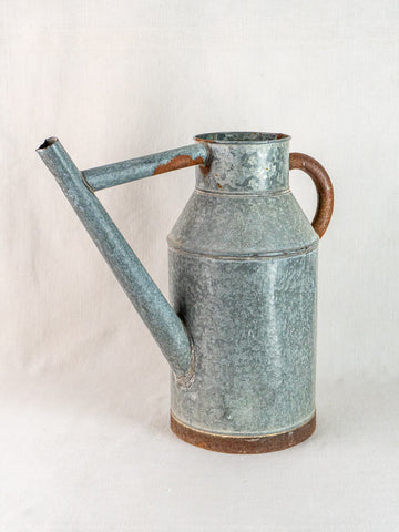French galvanized zinc watering can with curved handle and long spout on neutral background.