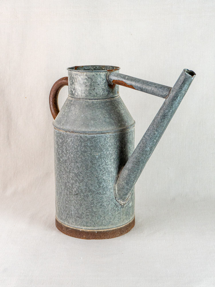 French galvanized zinc vintage watering can with long spout and curved handle on light surface.