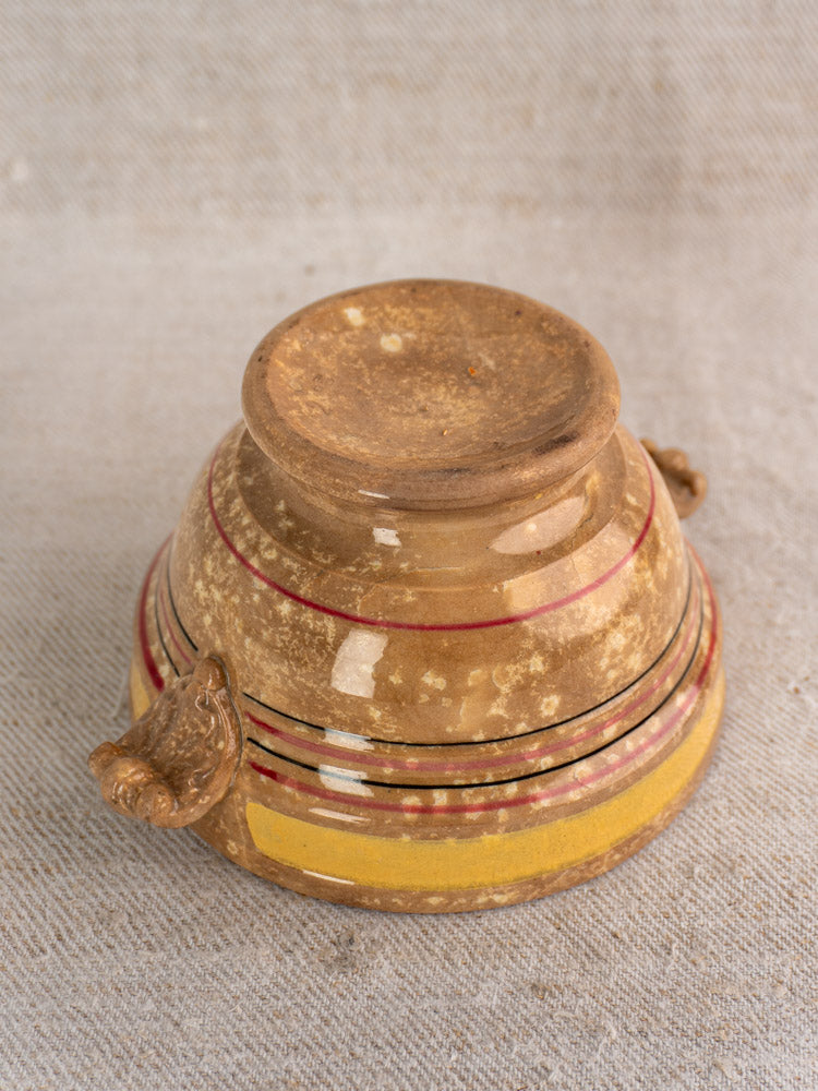 Antique French faience bowl by HB et Cie Choisy-le-Roi, striped, sculpted handles, mottled jaspé glaze on beige fabric.