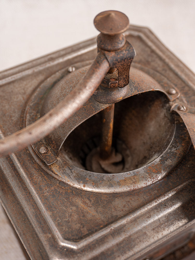 Antique French Peugeot Frères coffee mill, late 19th century, tinned steel, vintage patina, open lid.