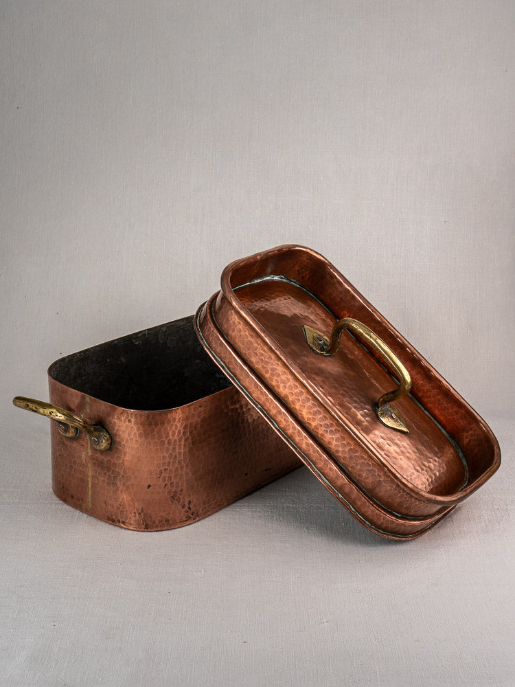 Antique French copper daubière with brass handles and matching lid, displayed on a neutral gray surface.