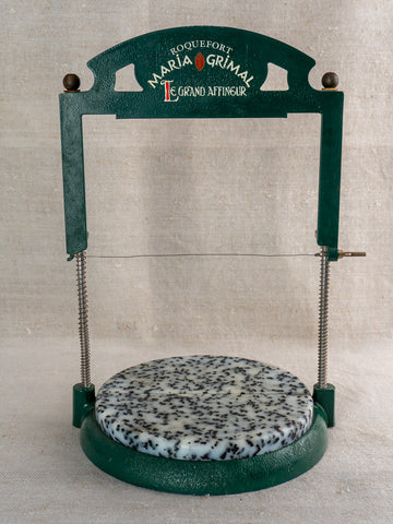 Vintage French Roquefort cheese cutter by Maria Grimal, 1960s, green finish with circular base and blue cheese wedge.