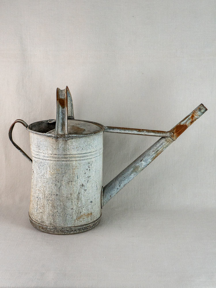 French zinc arrosoir vintage watering can with curved handle and long spout on light surface.