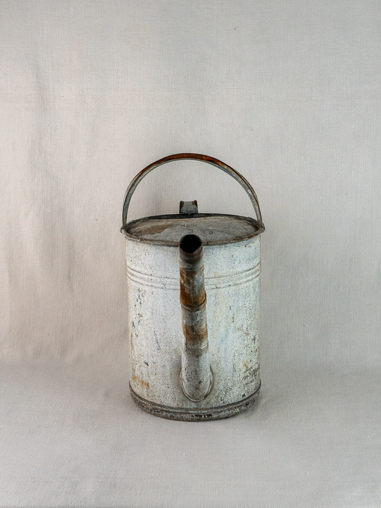 French zinc arrosoir watering can with long spout and curved handle on light fabric backdrop.