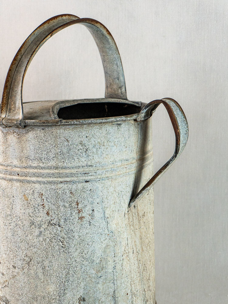 French zinc arrosoir with curved handle, rusty edges, and textured patina on a light background.
