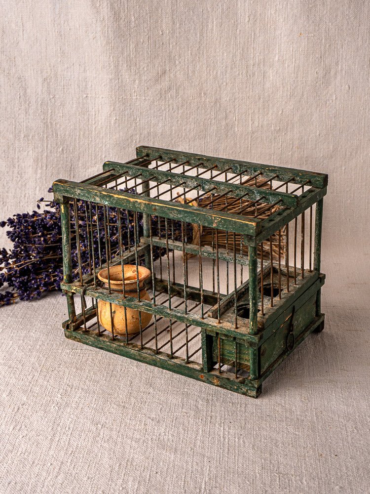 Antique French green painted bird cage with terracotta cup on textured surface, dried lavender and fabric backdrop.