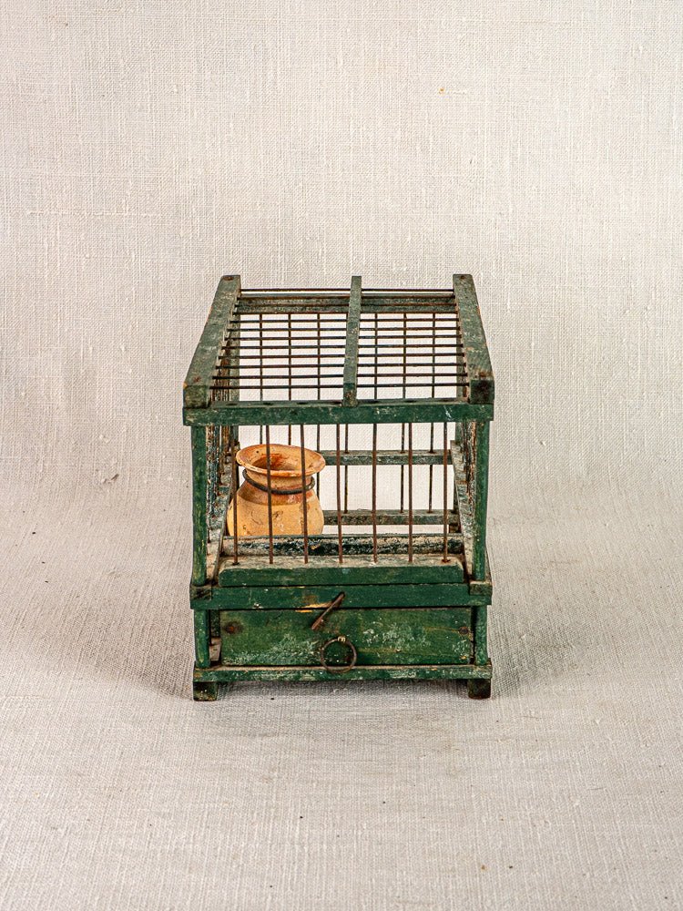Antique French green painted bird cage in wood and wire with terracotta cup, on a light textured background.